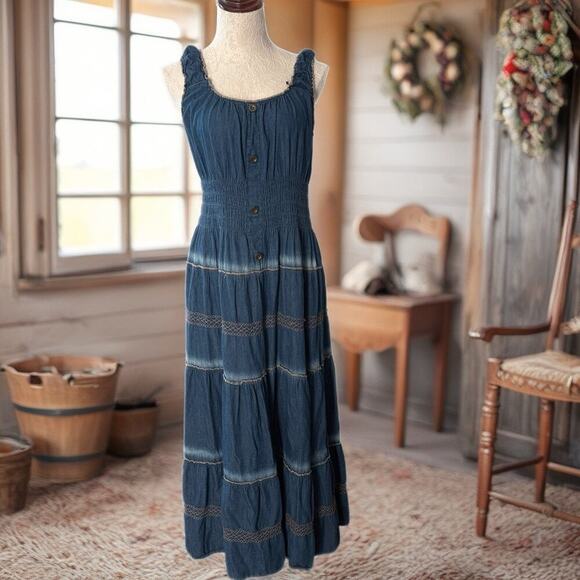 Lapis Dresses & Skirts - Denim Lapis  smocked maxi dress boho tiered cottagecore prairie L